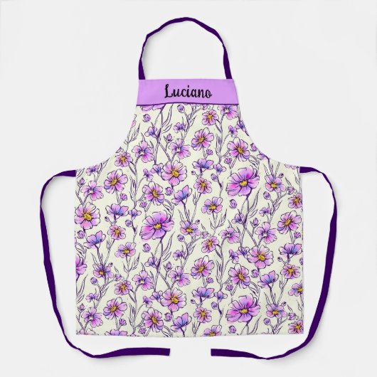 ピンクパープルワイルドフラワーガーデンデザイン エプロン (正面)