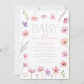 ピンクパープルワイルドフラワーズベビーイン開花ベビーシャワー 招待状 (正面)