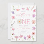 ピンクパープルワイルドフラワーファースト誕生日 招待状 (正面)