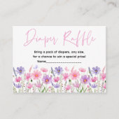 ピンクパープルワイルドフラワーベビーシャワーおむつラッフル エンクロージャーカード (正面)