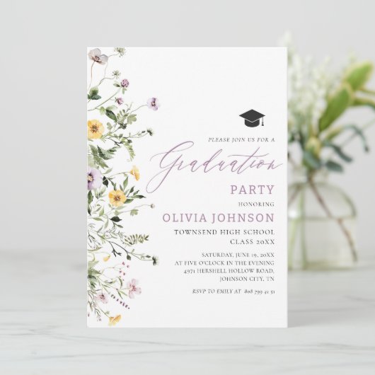 ピンクパープルワイルドフラワー卒業パーティー招待状 招待状 (スタンド正面)