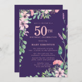 ピンクパープルワイルドフラワー秋50誕生日 招待状 (正面/裏面)