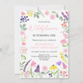 ピンクパープルワイルドフラワー誕生日 招待状 (正面)