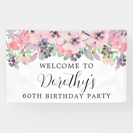 ピンクパープルワイルドフラワー60誕生日へようこそ 横断幕 (横)