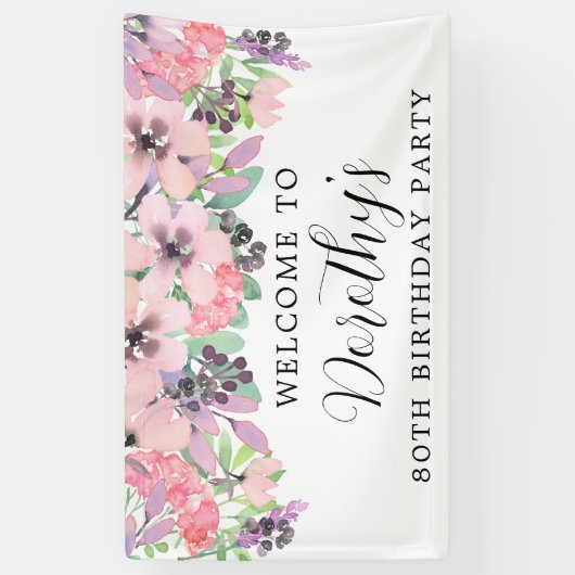 ピンクパープルワイルドフラワー80誕生日へようこそ 横断幕 (縦)