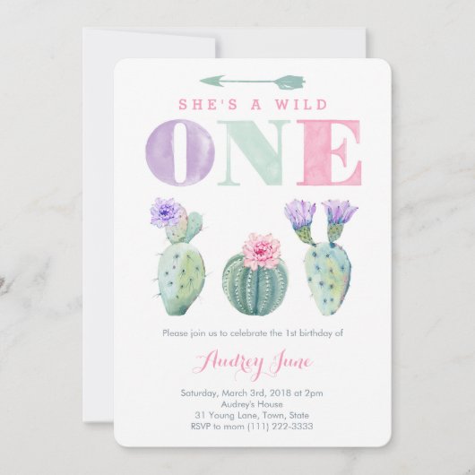 ピンクパープルワイルドワンガールファースト誕生日パーティー 招待状 (正面)