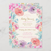 ピンクパープルヴィンテージフローラベビーシャワー招待状 招待状 (正面/裏面)
