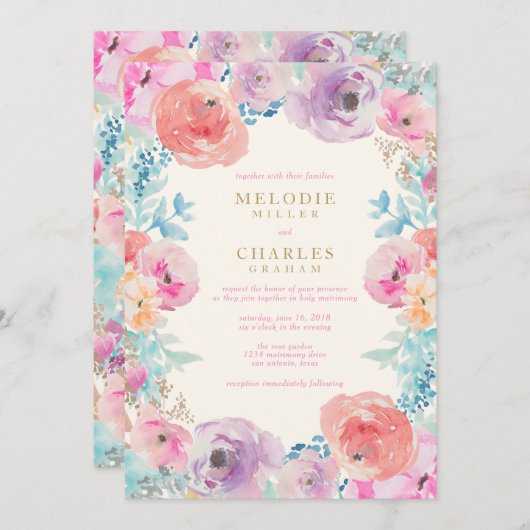 ピンクパープルヴィンテージフローラ結婚式招待状 招待状 (正面/裏面)