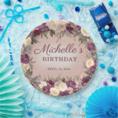 ピンクパープルヴィンテージ牡丹フローラハッピーバースデー ペーパープレート (パーティー)