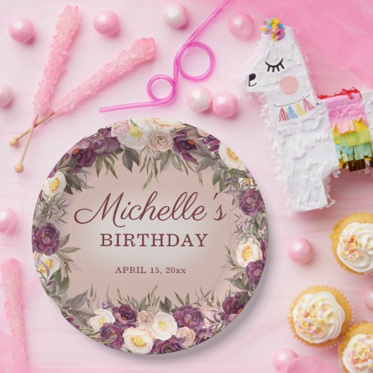 ピンクパープルヴィンテージ牡丹フローラハッピーバースデー ペーパープレート (パーティー)