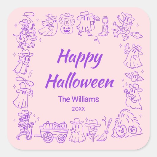 ピンクパープル予測できなハンドドードルハロウィーン スクエアシール (正面)