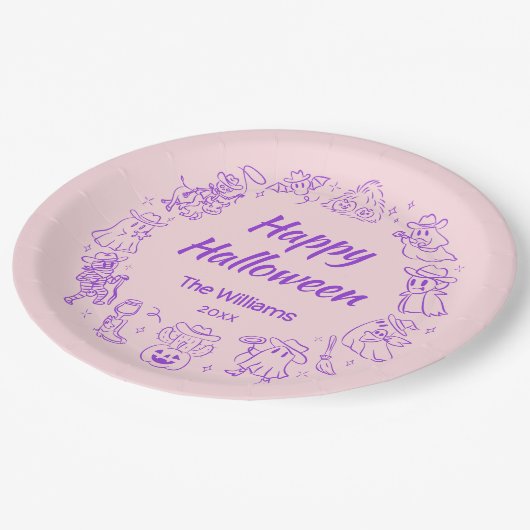 ピンクパープル予測できな手描きハッピーハローウィン ペーパープレート (アングル)