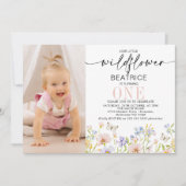 ピンクパープル写真繊細な野花1歳の誕生日 招待状 (正面)