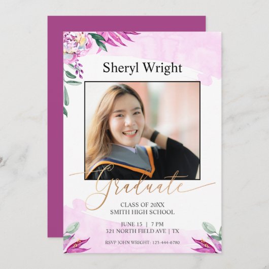 ピンクパープル大学院フォトフローラ招待状 サンキューカード (正面/裏面)