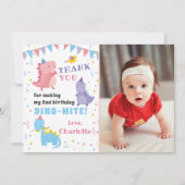 ピンクパープル恐竜ガールズディノパーティー写真 サンキューカード (正面)