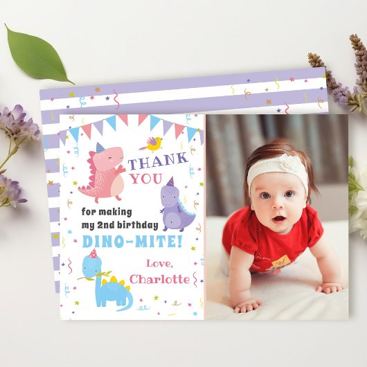 ピンクパープル恐竜ガールズディノパーティー写真 サンキューカード