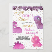 ピンクパープル恐竜誕生日招待状 招待状 (正面)