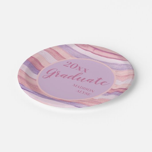 ピンクパープル水ストライプの色卒業クラス ペーパープレート (アングル)