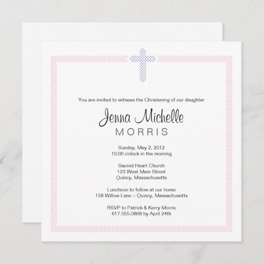ピンクパープル水玉模様クロス | バプテスマ 招待状 (正面/裏面)