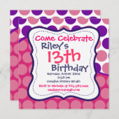 ピンクパープル水玉模様バースデーパーティ招待状 招待状 (正面/裏面)