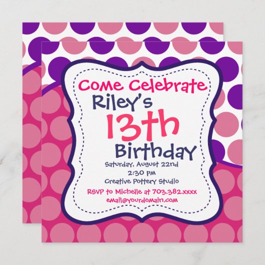 ピンクパープル水玉模様バースデーパーティ招待状 招待状 (正面/裏面)