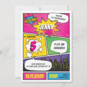 ピンクパープル漫画スーパーヒーロー誕生日招待状 招待状 (正面)