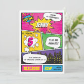 ピンクパープル漫画スーパーヒーロー誕生日招待状 招待状 (スタンド正面)