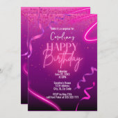 ピンクパープル紙吹雪ネオンサプライズ誕生日パーティー 招待状 (正面/裏面)