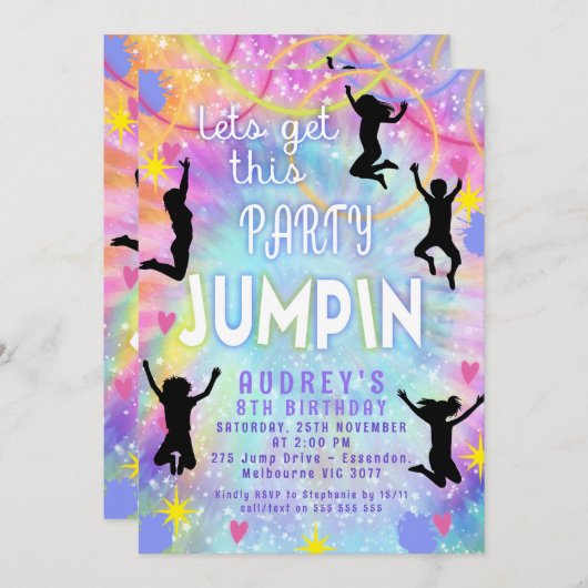 ピンクパープル絞り染めがパーティージャンピン誕生日を取得 招待状 (正面/裏面)