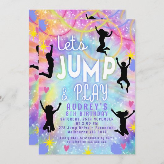 ピンクパープル絞り染めレトロジャンプ遊と誕生日 招待状 (正面/裏面)