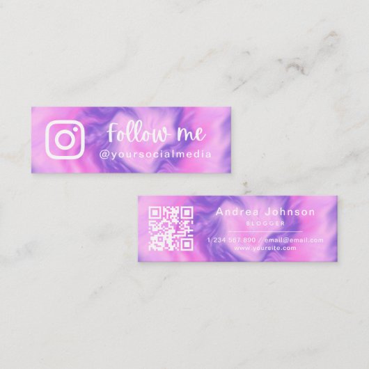 ピンクパープル絞り染め後を追ソーシャルメディアQRコード スキニー名刺 (正面/裏面)
