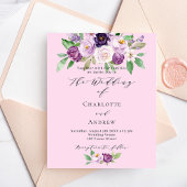 ピンクパープル花模様予算結婚式招待状