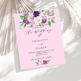 ピンクパープル花模様予算結婚式招待状