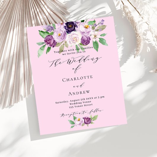 ピンクパープル花模様予算結婚式招待状
