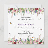 ピンクパープル花模様&蝶ブライダルシャワー 招待状 (正面)
