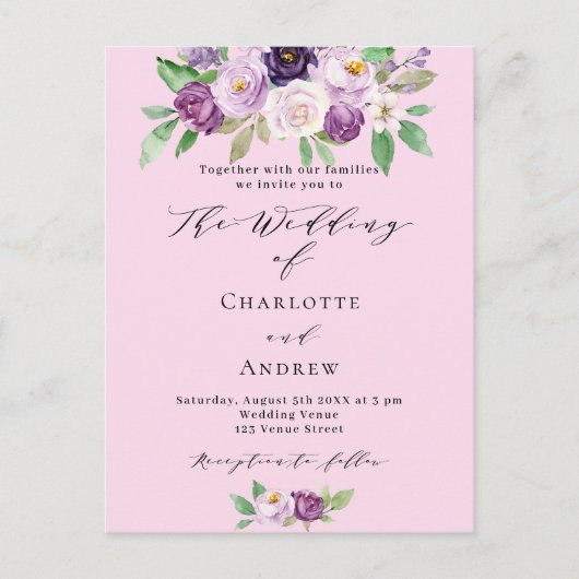 ピンクパープル花模様QRコード詳細RSVP 結婚's インビテーションポストカード (正面)