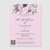 ピンクパープル花模様QR詳細RSVPラグジュアリー結婚ズ マグネット招待状 (正面)