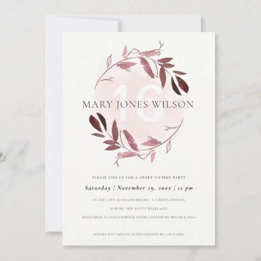 ピンクパープル葉リース甘い16誕生日カード サンキューカード (正面)