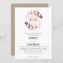 ピンクパープル葉水カラー洗結婚浄リース 招待状