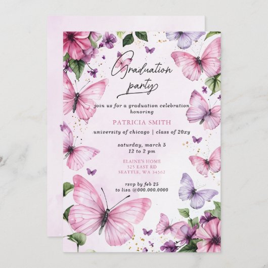 ピンクパープル蝶の卒業式パーティー 招待状 (正面/裏面)