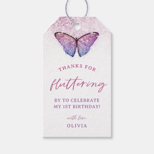 ピンクパープル蝶 1歳誕生日プレゼント ギフトタグ (正面)