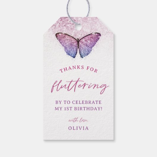 ピンクパープル蝶 1歳誕生日プレゼント ギフトタグ (裏面)