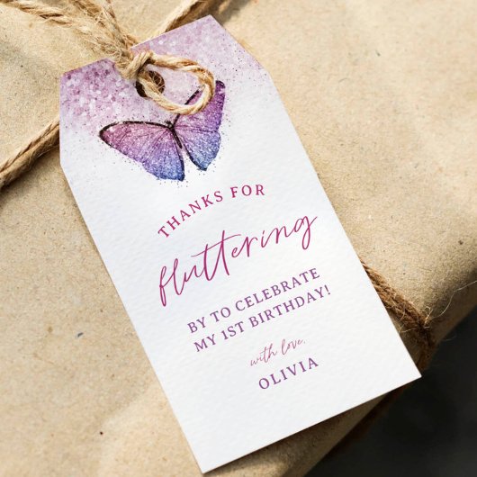 ピンクパープル蝶 1歳誕生日プレゼント ギフトタグ