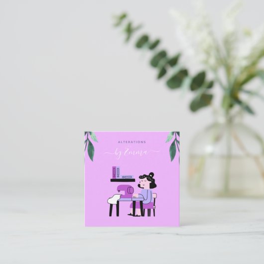 ピンクパープル裁縫マシンシーストレスイラストレーション スクエア名刺 (スタンド正面)