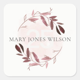 ピンクパープル赤面の葉リースアニーエイジ誕生日 スクエアシール