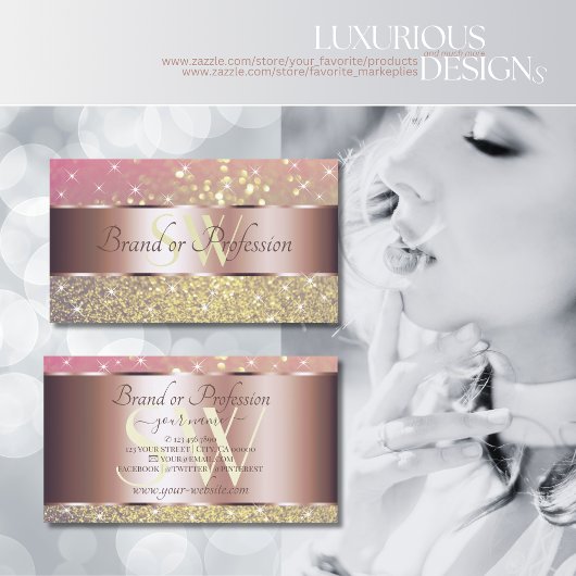 ピンクパープル金ゴールドグリッタースターズモノグラムバラ金ゴールド 名刺