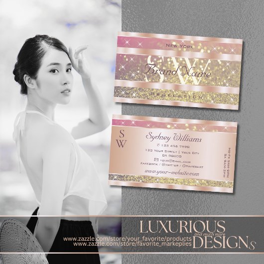 ピンクパープル金ゴールドグリッタースターズモノグラムバラ金ゴールド 名刺