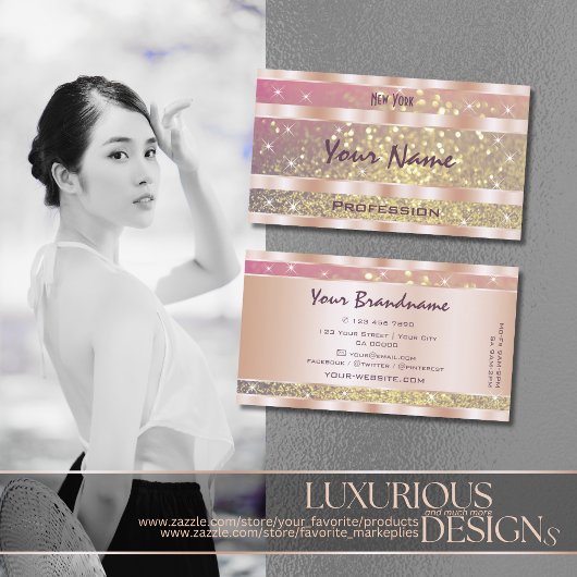 ピンクパープル金ゴールドグリッタースターバラ金ゴールドデコール 名刺