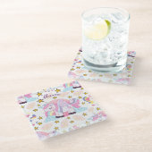 ピンクパープル金ゴールドスターユニコーン名モノグラム ガラスコースター (アングル)