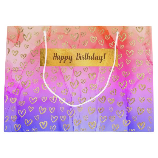 ピンクパープル金ゴールドハートカスタムハッピーバースデー ラージペーパーバッグ (正面)